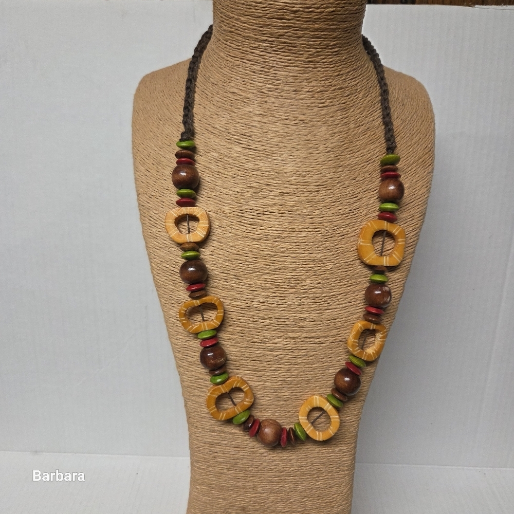 Vintage Multi-color Tribal African Wood Bead & Carved Seed Necklace